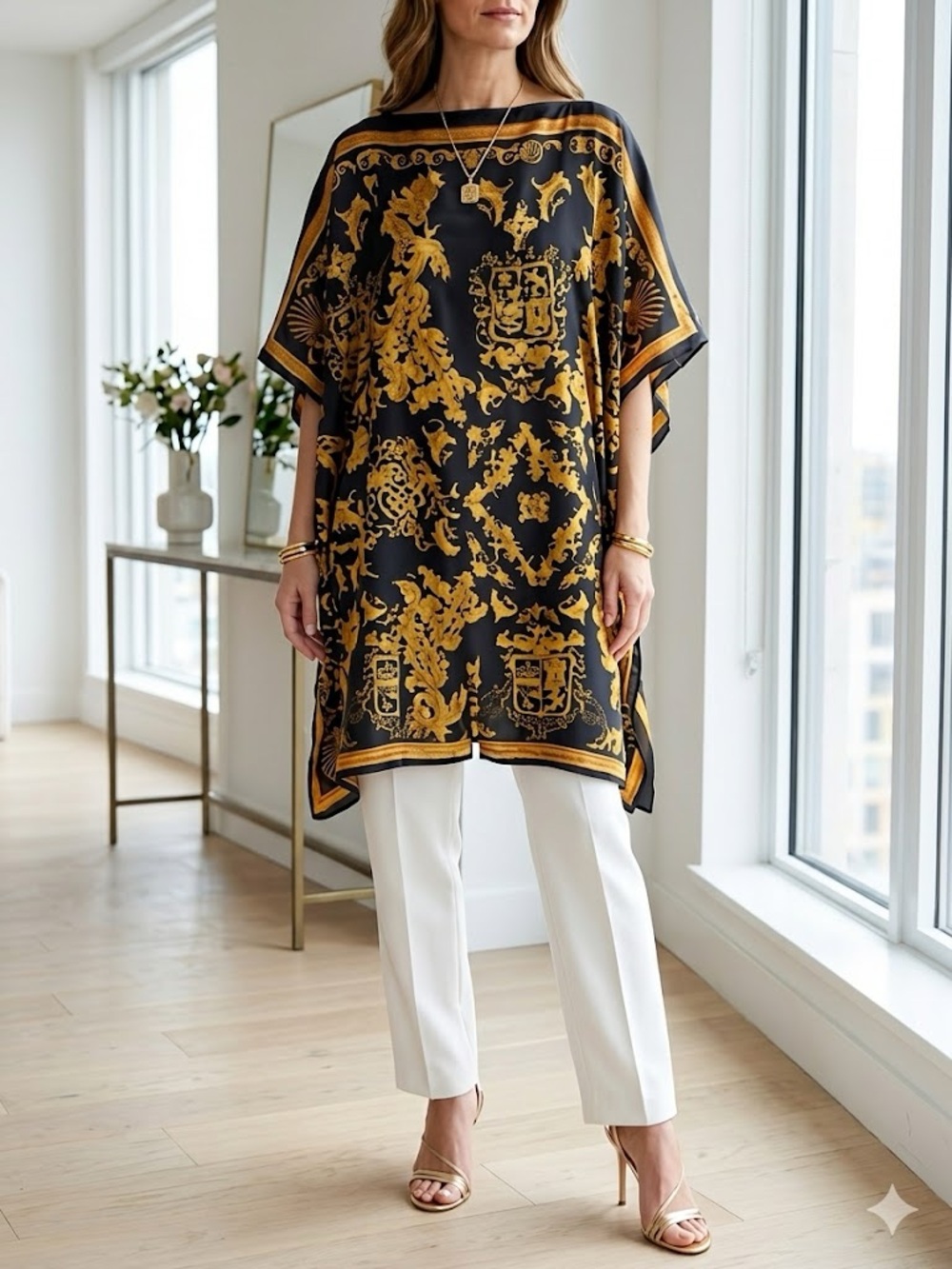Black & Gold Baroque Print Silk-Feel Kimono/Kaftan  OS